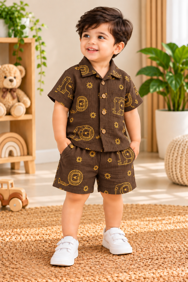 MUSLIN KIDS CO_ORD SET BROWN ELEPHANT